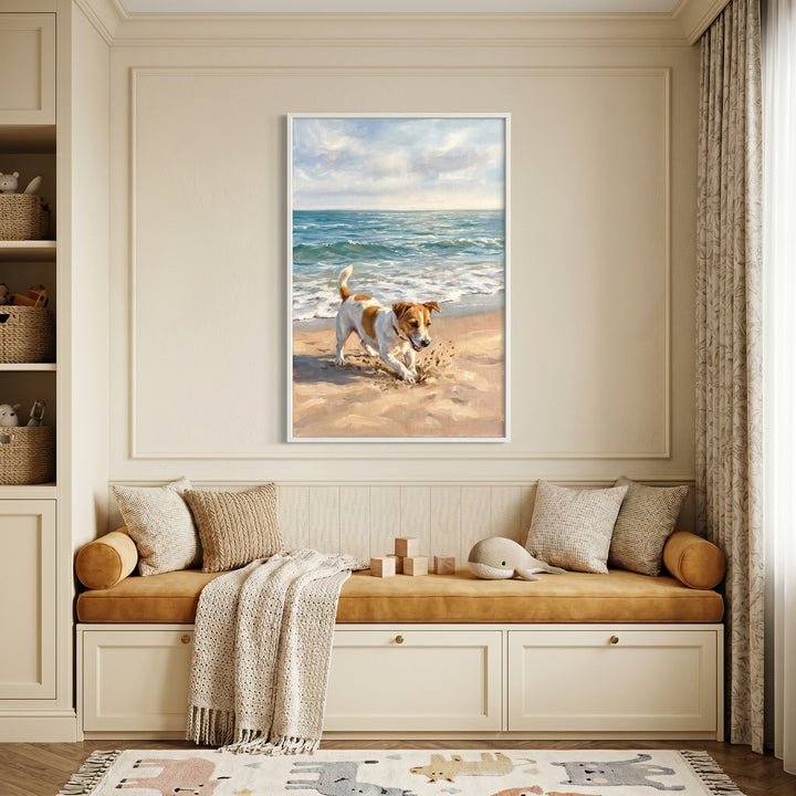 Digging sand jack russell dog wall art hangs above a neutral-toned window seat with pillows and a soft blanket.