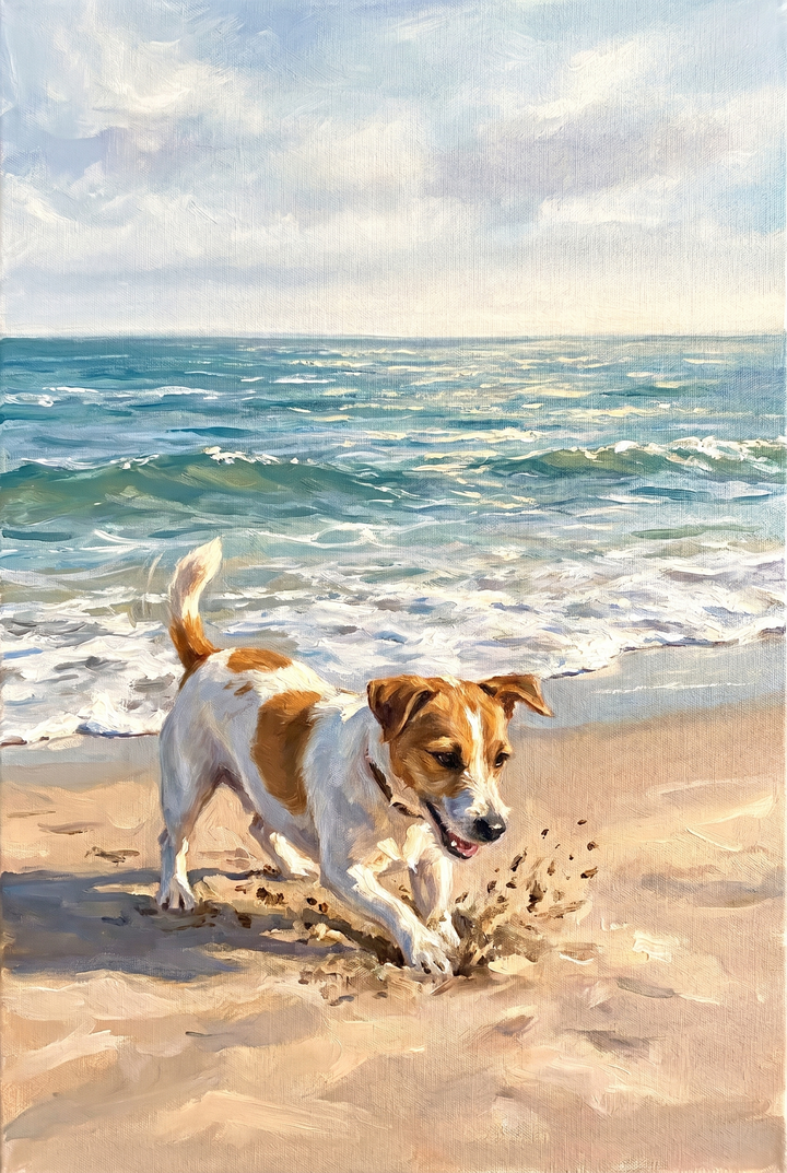 Digging sand jack russell dog wall art shows a tan and white terrier digging on a sunny beach with ocean waves.