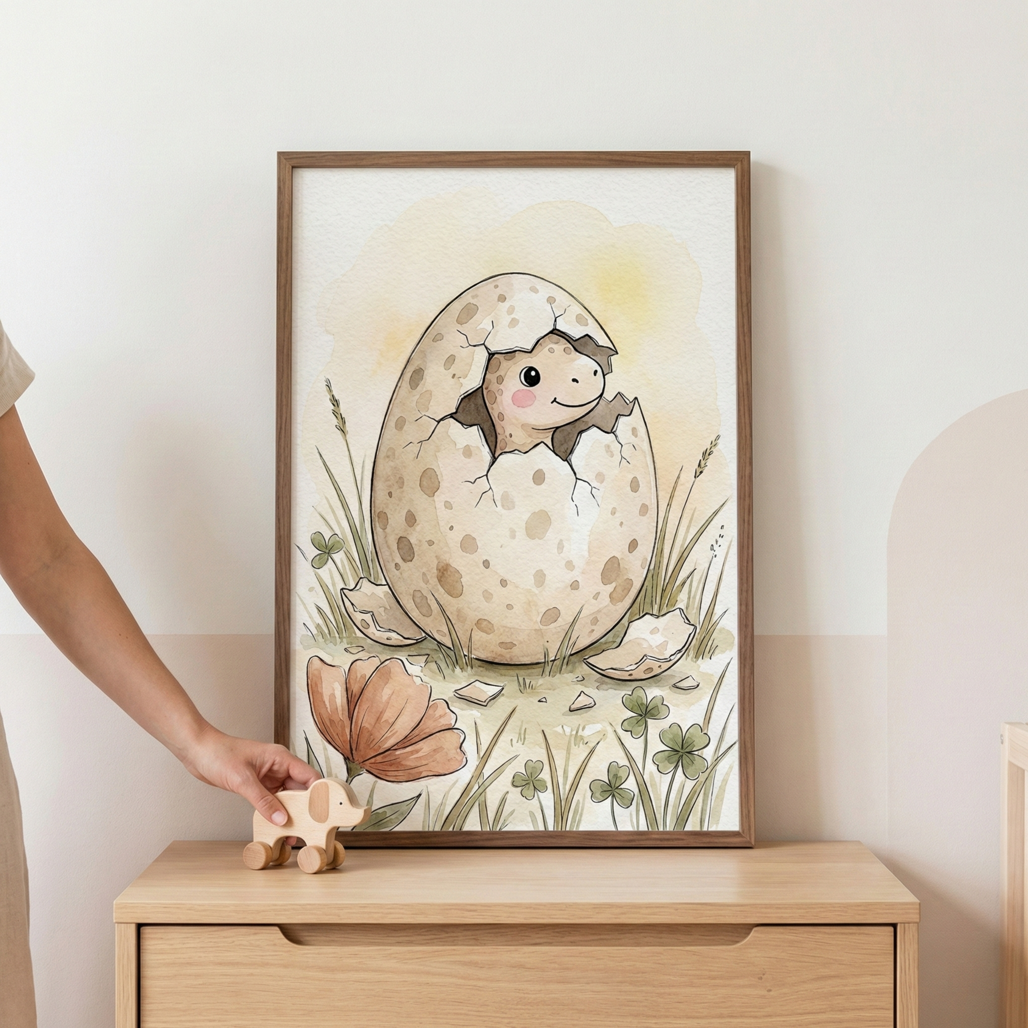 Hatching Baby Dinosaur Watercolor Nursery Decor Wall Art - Little Hatchling Friend