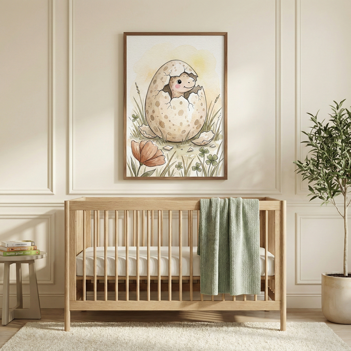 A cozy, sunlit nursery features a light-toned wooden crib centered against a cream-colored wall with elegant molding. Draped over the side of the crib is a textured sage green blanket. Directly above the crib hangs a framed watercolor illustration of a small, smiling baby dinosaur hatching from a speckled egg, set within a field of green grass and a single orange wildflower. To the right of the crib, a tall potted plant in a neutral ceramic pot adds a touch of greenery. 