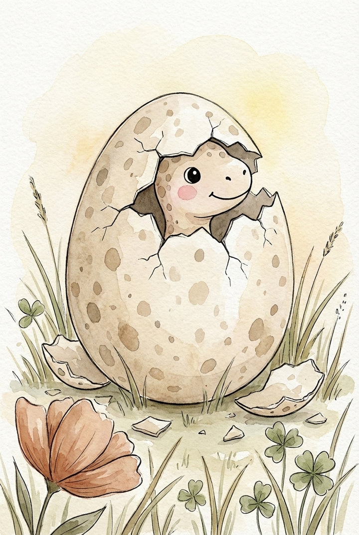  A smiling baby dinosaur peeks out from a speckled eggshell in a field of soft grass, surrounded by clovers and a peach flower. The warm background glow adds a gentle sunrise feel.

