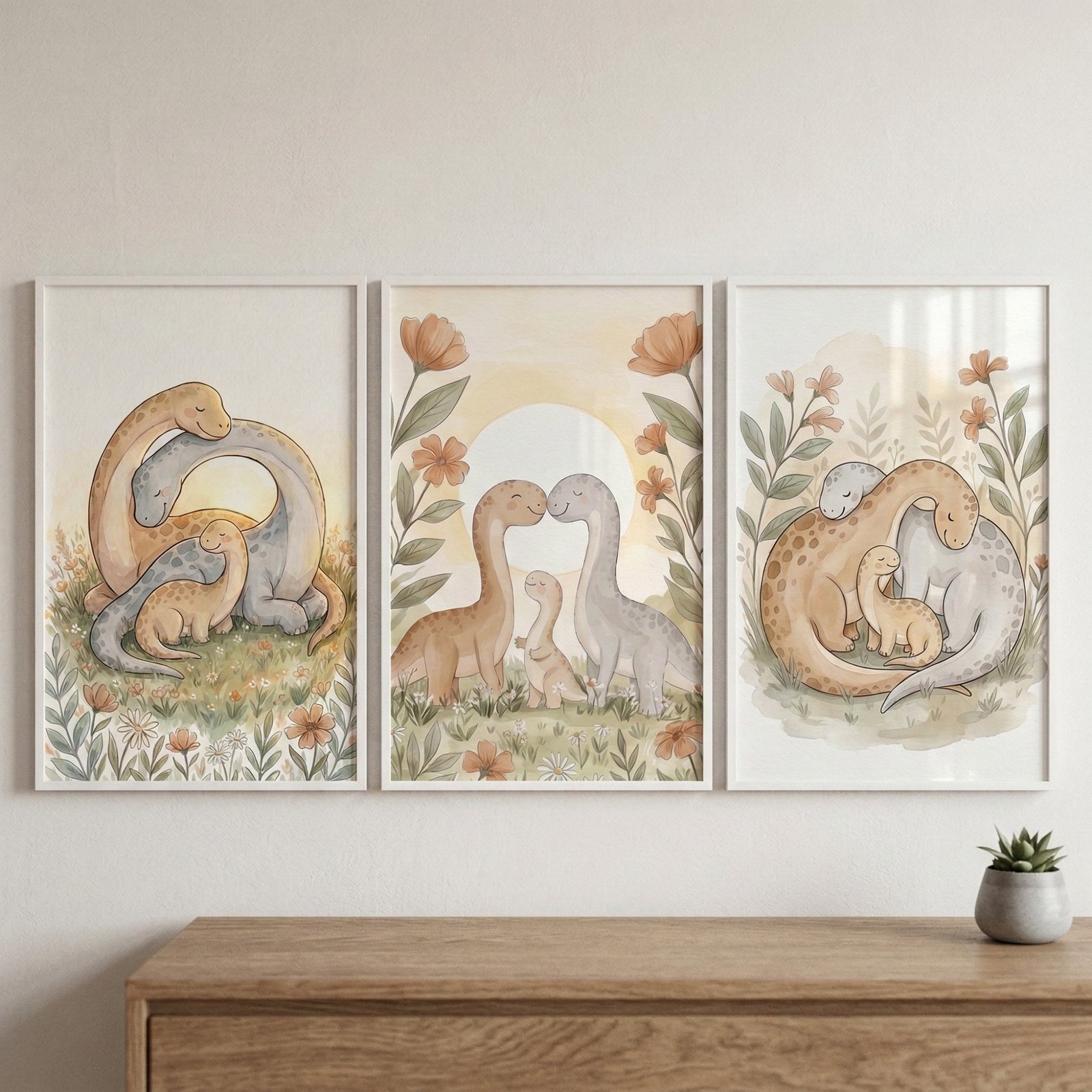 Three vertically-oriented framed illustrations hang side-by-side on a plain wall above a wooden dresser. Each artwork features a family of long-necked dinosaurs rendered in soft, muted watercolor tones of tan, grey, and ochre. 

The left print shows two large dinosaurs cuddling a smaller one in a meadow of delicate flowers. The center print depicts two adult dinosaurs with their noses touching over a small dinosaur, set against a large pale sun and tall floral stems. 