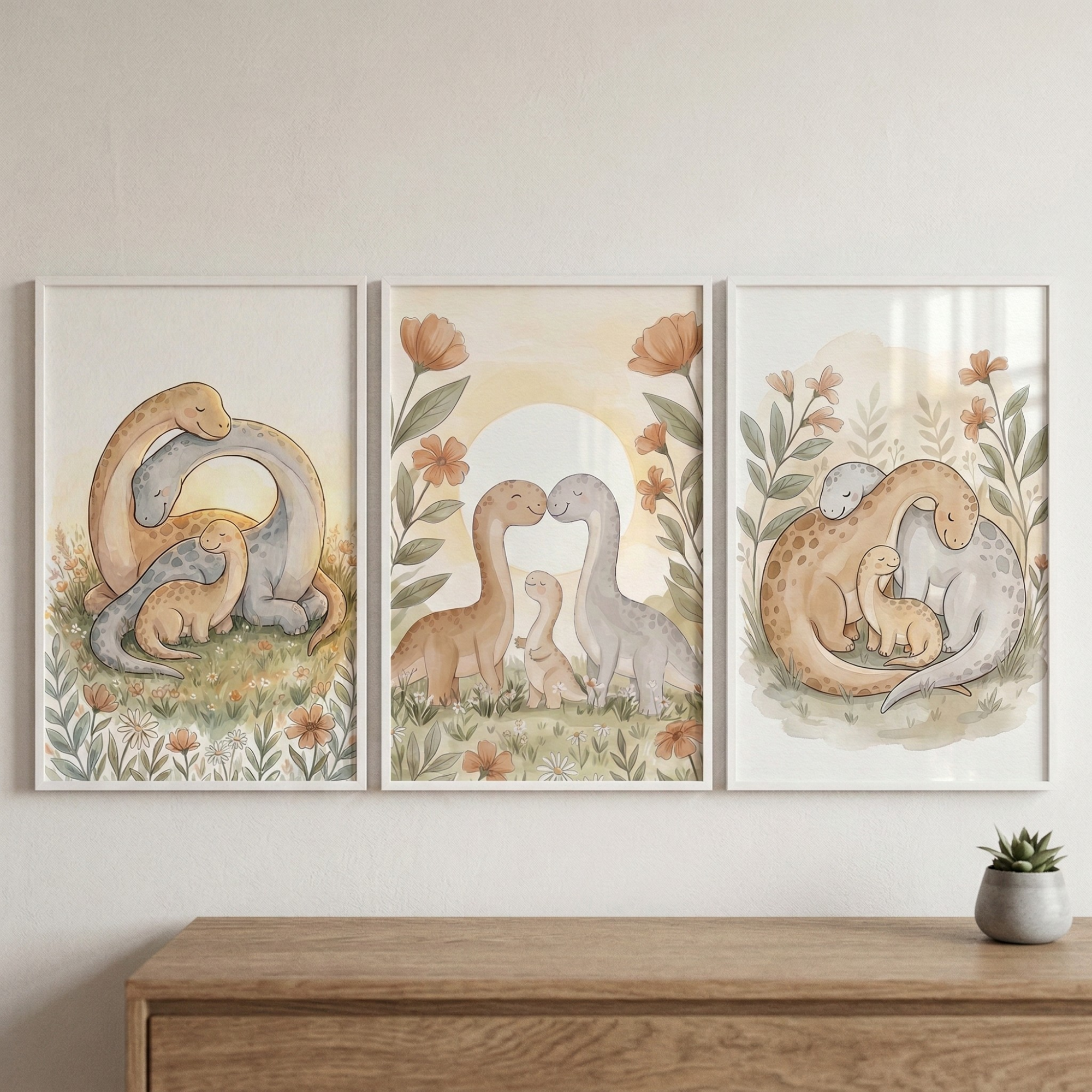 Boho Dinosaur Nursery Wall Art Set of 3 - Sweet Dino Snuggles