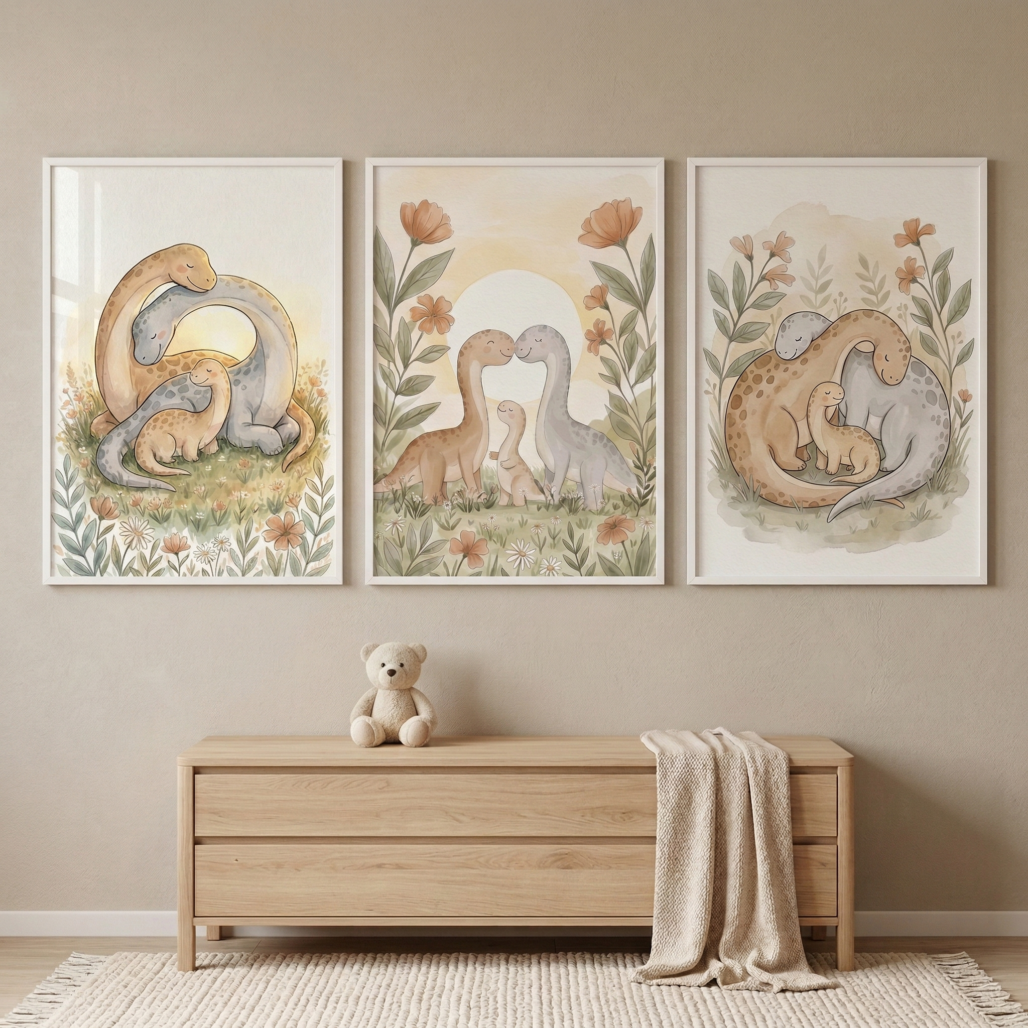Boho Dinosaur Nursery Wall Art Set of 3 - Sweet Dino Snuggles