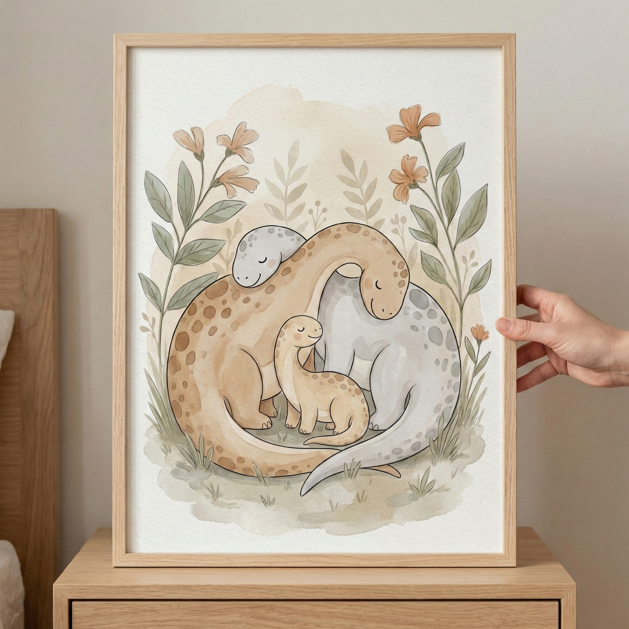 A framed watercolor illustration depicts a family of three long-necked dinosaurs—two large adults and one small juvenile—huddled closely together in a sweet, protective embrace. The scene is rendered in soft, muted tones of tan, grey, and green, with the dinosaurs surrounded by delicate wildflowers and leafy stems. The artwork is displayed in a light wood frame, positioned on a wooden nightstand and held by a hand.