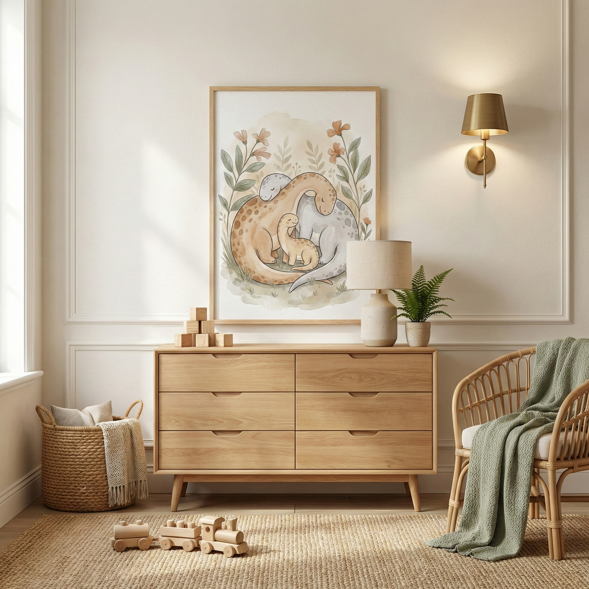 A bright and airy nursery featuring a natural wood dresser with six drawers centered against an off-white wall with decorative molding. Above the dresser hangs a light wood framed illustration of three stylized long-necked dinosaurs huddled together in soft watercolor tones, surrounded by delicate flowers. On the dresser’s surface, there are stacked wooden blocks, a lamp with a stone base and beige shade, and a small potted fern. 