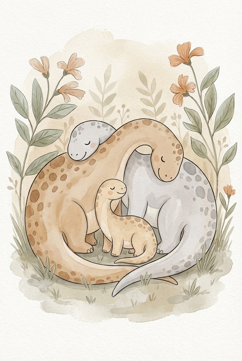 Three gentle dinosaurs—two adults and a baby—cuddle together in a floral meadow. Their long necks are curled affectionately around one another, framed by tall flowers.

