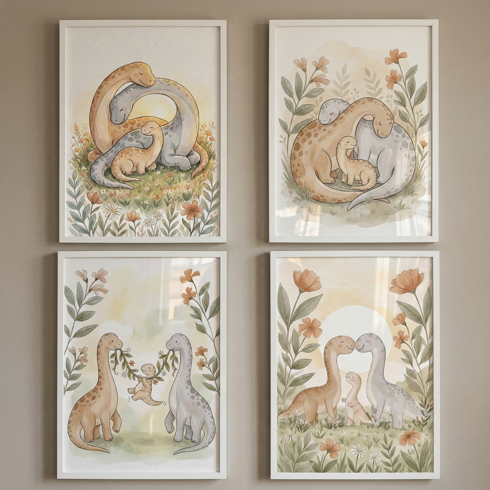 Four framed watercolor-style illustrations are displayed in a two-by-two grid on a neutral wall. Each artwork depicts a family of long-necked dinosaurs in soft, earthy tones. The scenes show a tan and a gray adult dinosaur caring for a small baby dinosaur amidst delicate flowers and greenery. In one image, the adults hold a vine for the baby to play on, while others show them cuddling or touching noses under a warm sun.