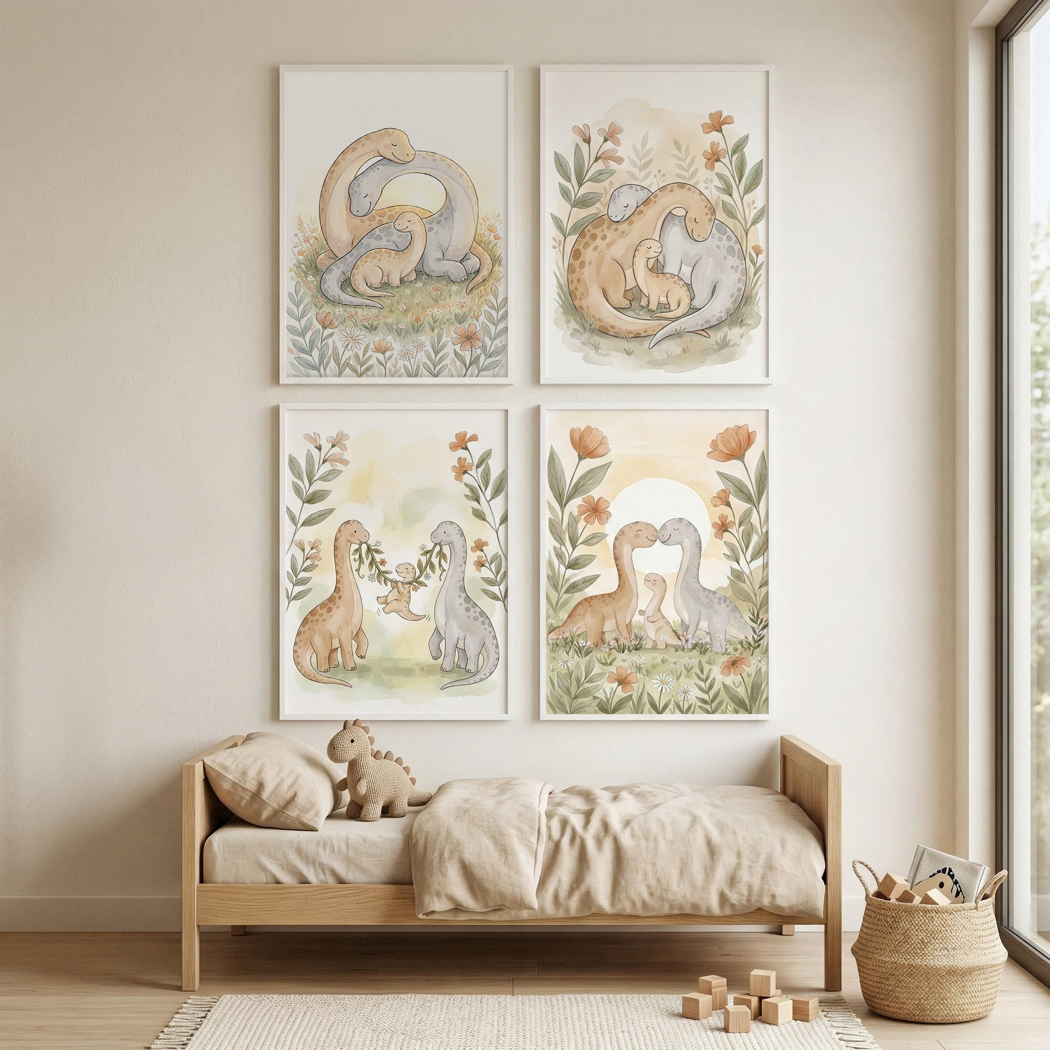Dinosaur Family Wall Art Set of 4 - Dino Family Hugs