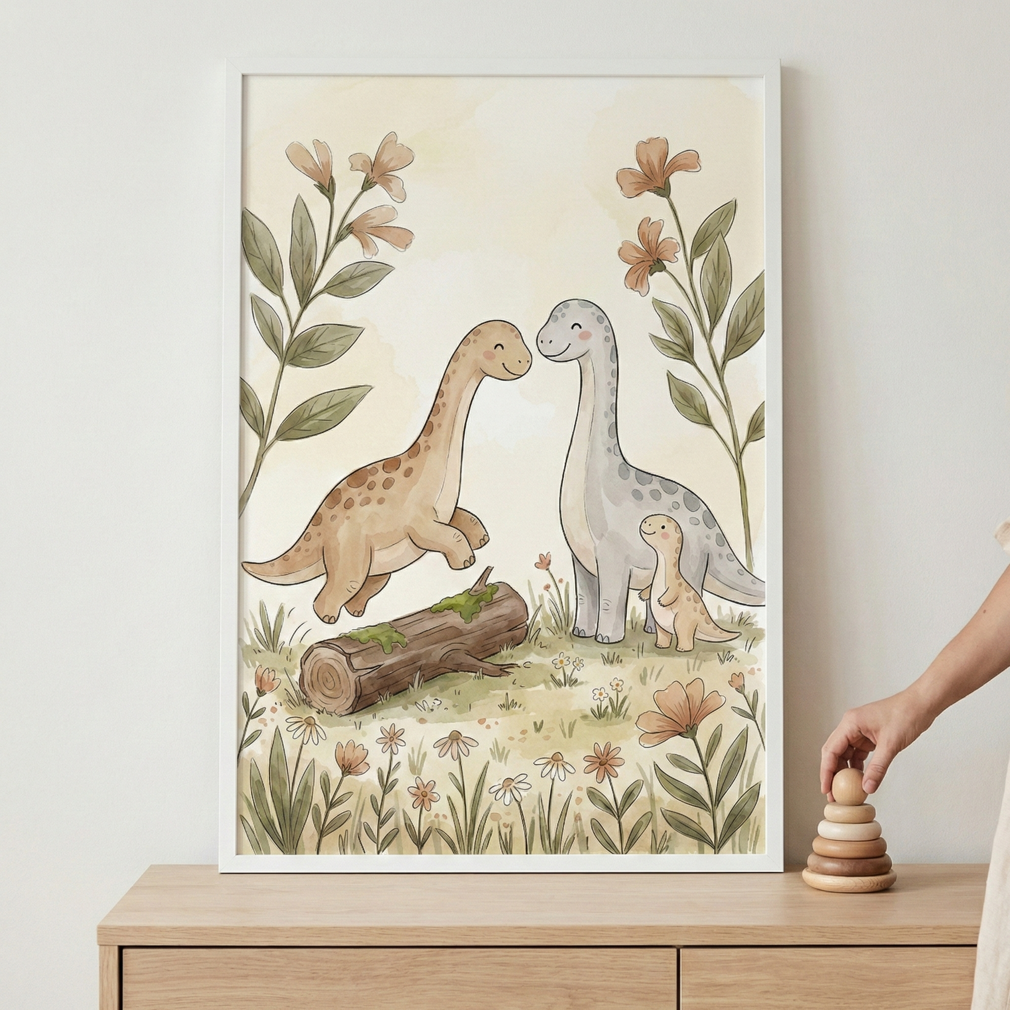 A framed watercolor illustration of three cute, long-necked dinosaurs in a meadow hangs on a white wall. One tan dinosaur is leaping over a fallen log, while a larger grey dinosaur and a smaller tan dinosaur stand nearby. The scene is filled with soft-colored wildflowers and tall leafy stalks. The frame sits above a light wood dresser where a person's hand is touching a wooden ring stacking toy.