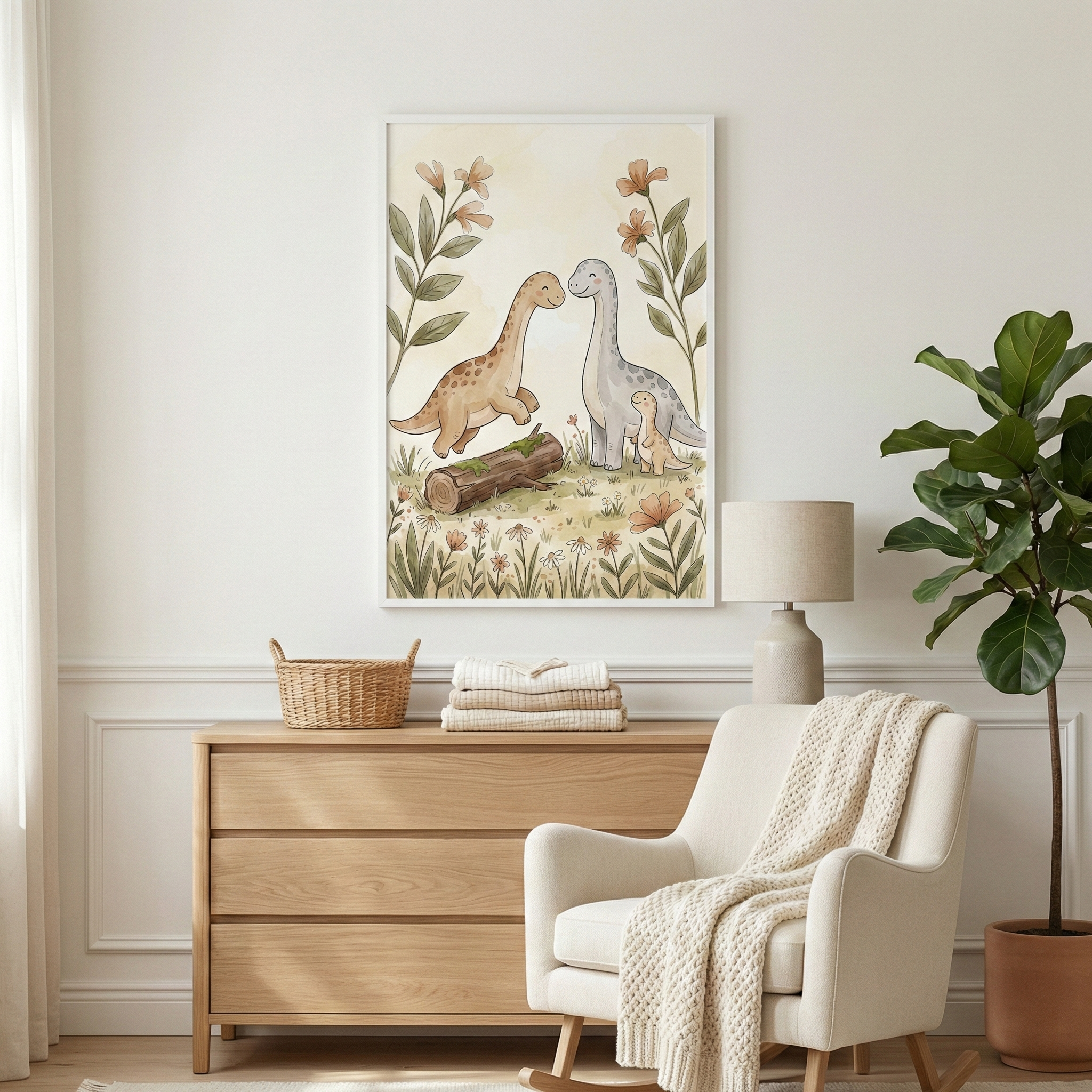 A serene nursery scene features a large framed illustration of three long-necked dinosaurs—two adults and one baby—in a field of flowers and greenery. The art hangs above a natural wood dresser topped with a small woven basket and a stack of blankets. To the right, a white armchair is draped with a knit throw, and a tall, leafy potted plant stands in the corner. The room is decorated in a soft, neutral palette of cream, beige, and earthy green.