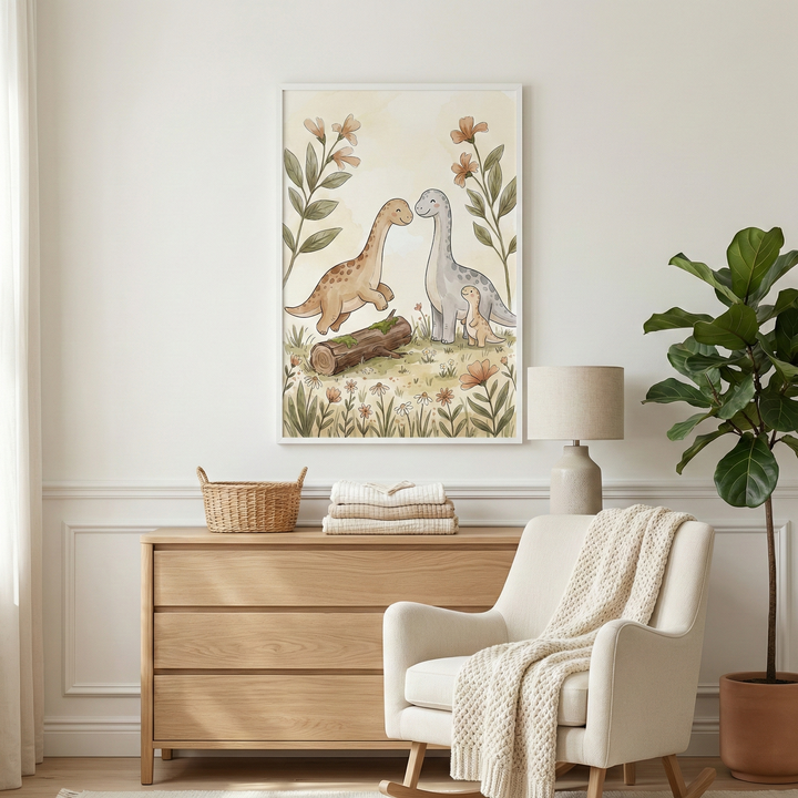 A serene nursery scene features a large framed illustration of three long-necked dinosaurs—two adults and one baby—in a field of flowers and greenery. The art hangs above a natural wood dresser topped with a small woven basket and a stack of blankets. To the right, a white armchair is draped with a knit throw, and a tall, leafy potted plant stands in the corner. The room is decorated in a soft, neutral palette of cream, beige, and earthy green.