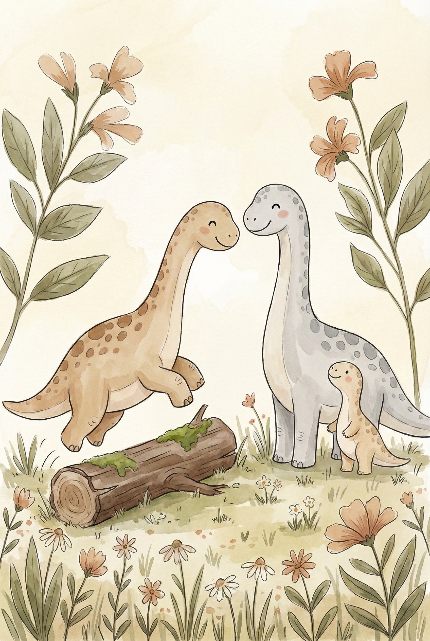A playful young dinosaur steps on a mossy log as two adult dinosaurs, likely parents, and a smaller dino watch nearby. They're surrounded by orange flowers and soft grass.
