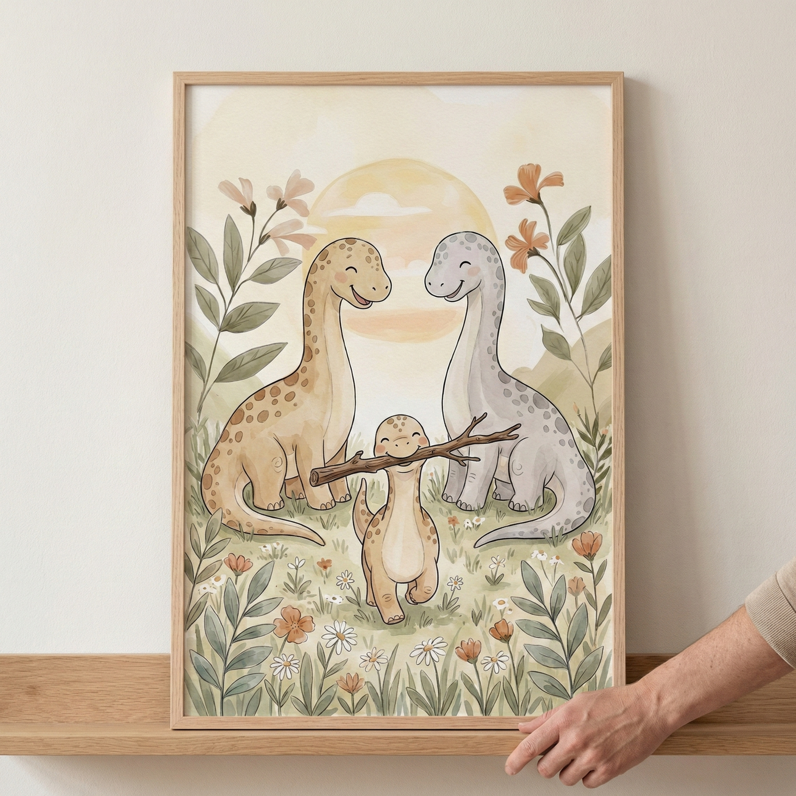 A framed piece of artwork depicts a family of three long-necked dinosaurs in a meadow. Two large dinosaurs, one tan and one grey, smile at a small dinosaur walking in front of them. The smallest dinosaur carries a wooden branch in its mouth. The scene is filled with soft green foliage and delicate wildflowers under a large, pale yellow sun. The illustration has a gentle watercolor style and is displayed in a light wood frame resting on a shelf, with a hand touching the corner.