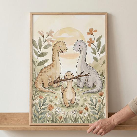 A framed piece of artwork depicts a family of three long-necked dinosaurs in a meadow. Two large dinosaurs, one tan and one grey, smile at a small dinosaur walking in front of them. The smallest dinosaur carries a wooden branch in its mouth. The scene is filled with soft green foliage and delicate wildflowers under a large, pale yellow sun. The illustration has a gentle watercolor style and is displayed in a light wood frame resting on a shelf, with a hand touching the corner.