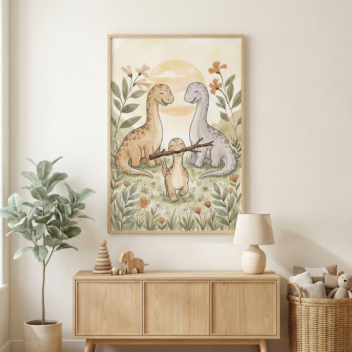 A neutral-toned nursery scene features a framed illustration centered on a light beige wall. The artwork depicts a family of three cute, long-necked dinosaurs in a field of flowers and greenery, with a soft sun in the background; the smallest dinosaur holds a branch in its mouth. Beneath the frame sits a light wood sideboard decorated with a wooden ring stacker, a small wooden animal figurine, and a simple lamp with a cream shade. To the left, a tall green plant in a neutral pot adds a natural touch. 