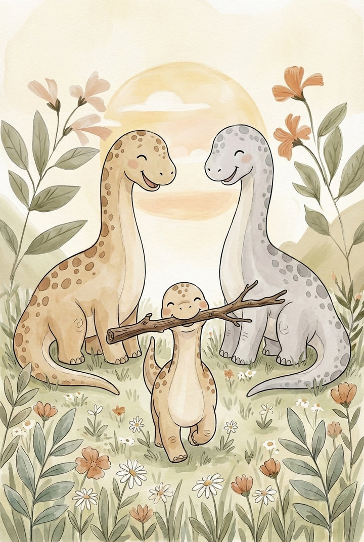 A cheerful baby dinosaur proudly holds a large stick in its mouth while two adult dinosaurs look on lovingly. They're surrounded by wildflowers and tall grass under a glowing sky.
