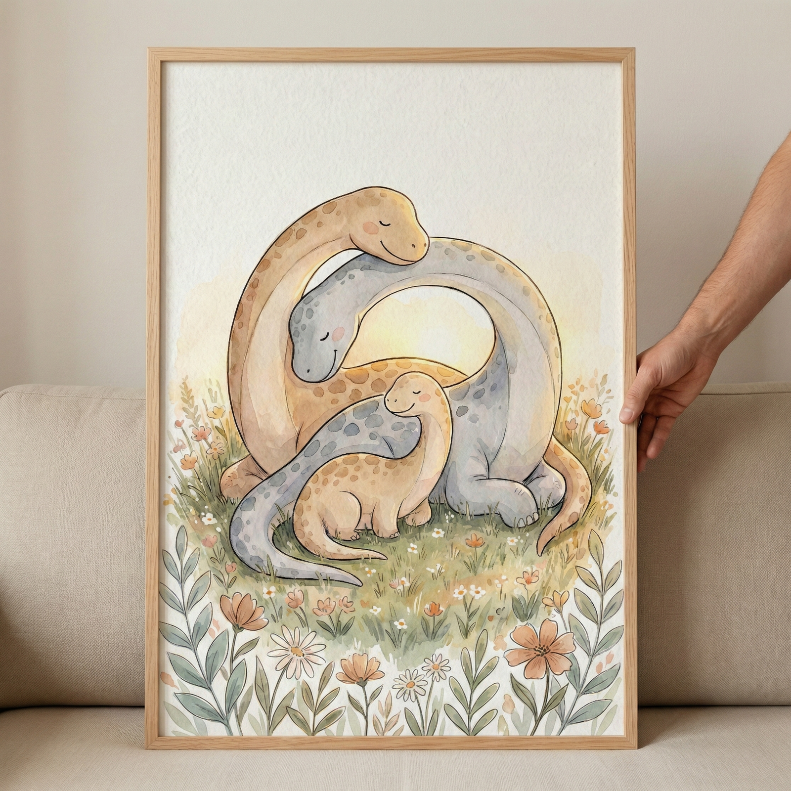 A soft watercolor-style illustration features a family of three long-necked dinosaurs in a tender embrace. Two larger dinosaurs, one in warm tan and the other in soft blue-grey, arch their necks protectively over a small baby dinosaur resting between them. They are nestled in a lush meadow filled with delicate wildflowers in shades of peach and white. The artwork is presented in a light wood frame, held by a hand against a neutral-toned sofa, creating a warm and peaceful scene.