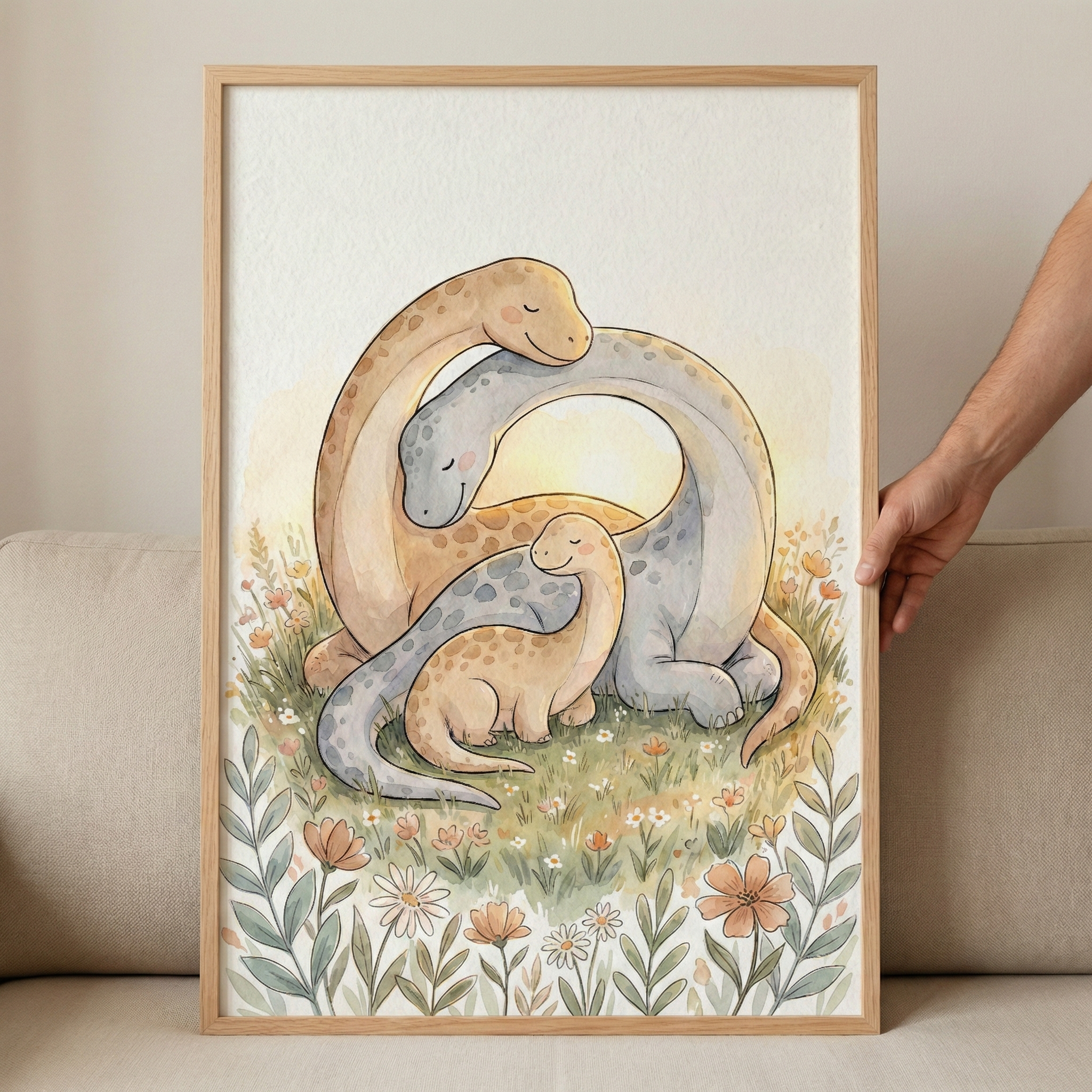 Dinosaur Family Watercolor Nursery Wall Art - Gentle Dino Hugs