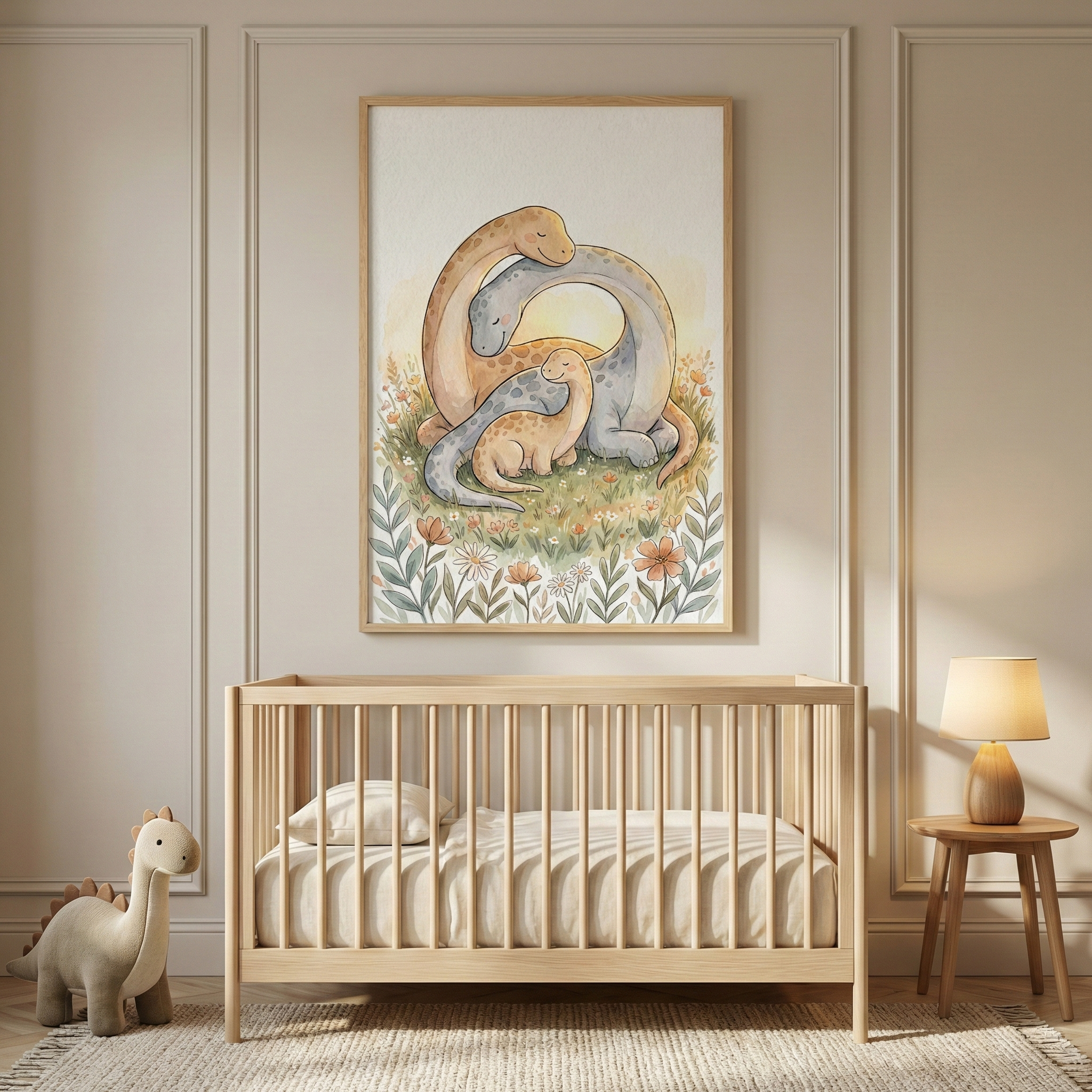 A cozy, sunlit nursery featuring a large, vertically-oriented piece of framed artwork centered on a beige wall with decorative molding. The illustration inside depicts three long-necked dinosaurs—two larger ones and a small baby—cuddling together in a soft-colored meadow of flowers. Directly below the frame sits a light-toned wooden crib with a simple, clean design, containing a white pillow and a cream-and-white striped mattress. 