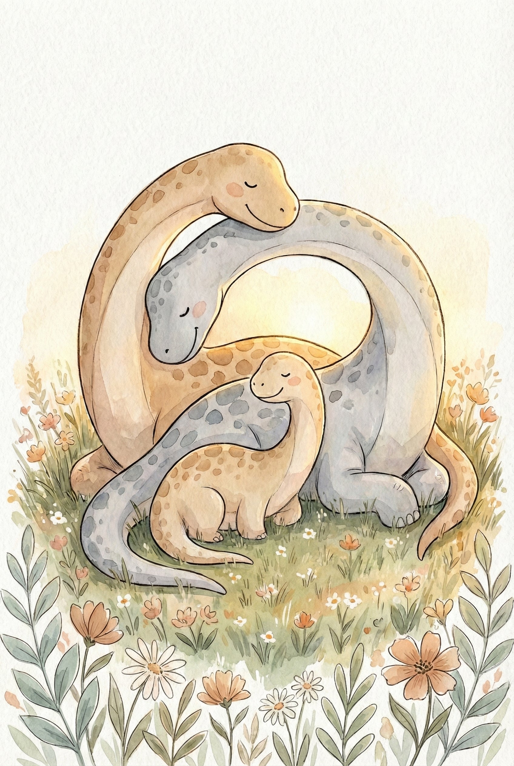 Two adult dinosaurs curl their long necks around each other and their baby in a loving embrace. They're seated in a meadow full of daisies and orange flowers, with the sunset behind them.

