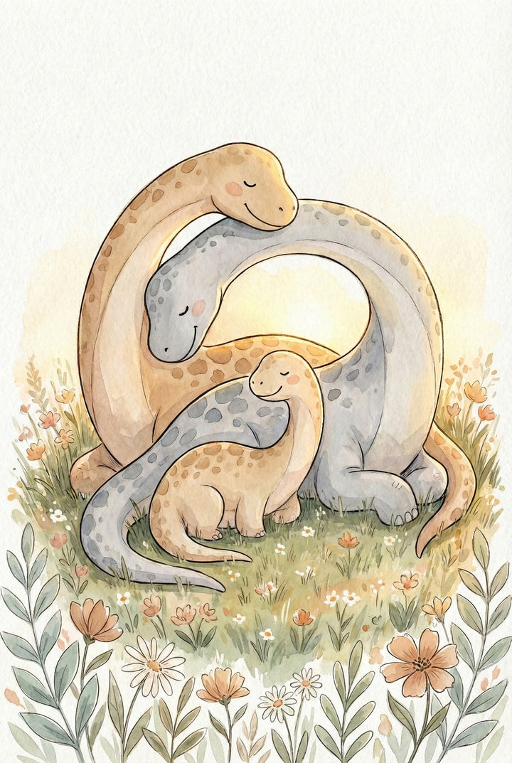 Two adult dinosaurs curl their long necks around each other and their baby in a loving embrace. They're seated in a meadow full of daisies and orange flowers, with the sunset behind them.

