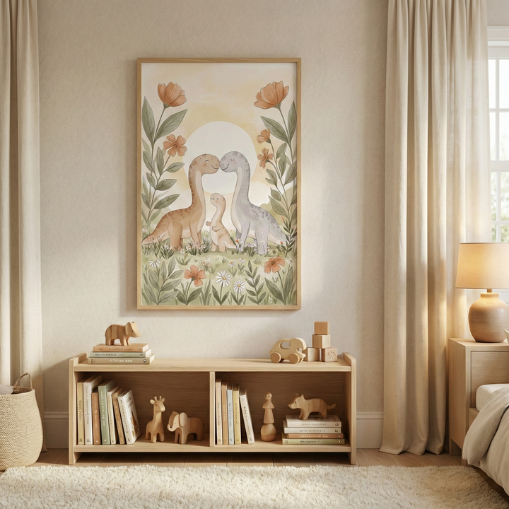 A cozy nursery featuring neutral earth tones and a soft, warm atmosphere. Centered on the light beige wall is a large wooden-framed illustration depicting a family of three long-necked dinosaurs in a soft-colored meadow with flowers and a pale sun. Below the artwork sits a low wooden bookshelf holding neatly arranged books and wooden animal toys, like a giraffe and elephant. The room includes cream-colored curtains, a plush white rug, a woven basket, and a small bedside table with a rounded lamp.