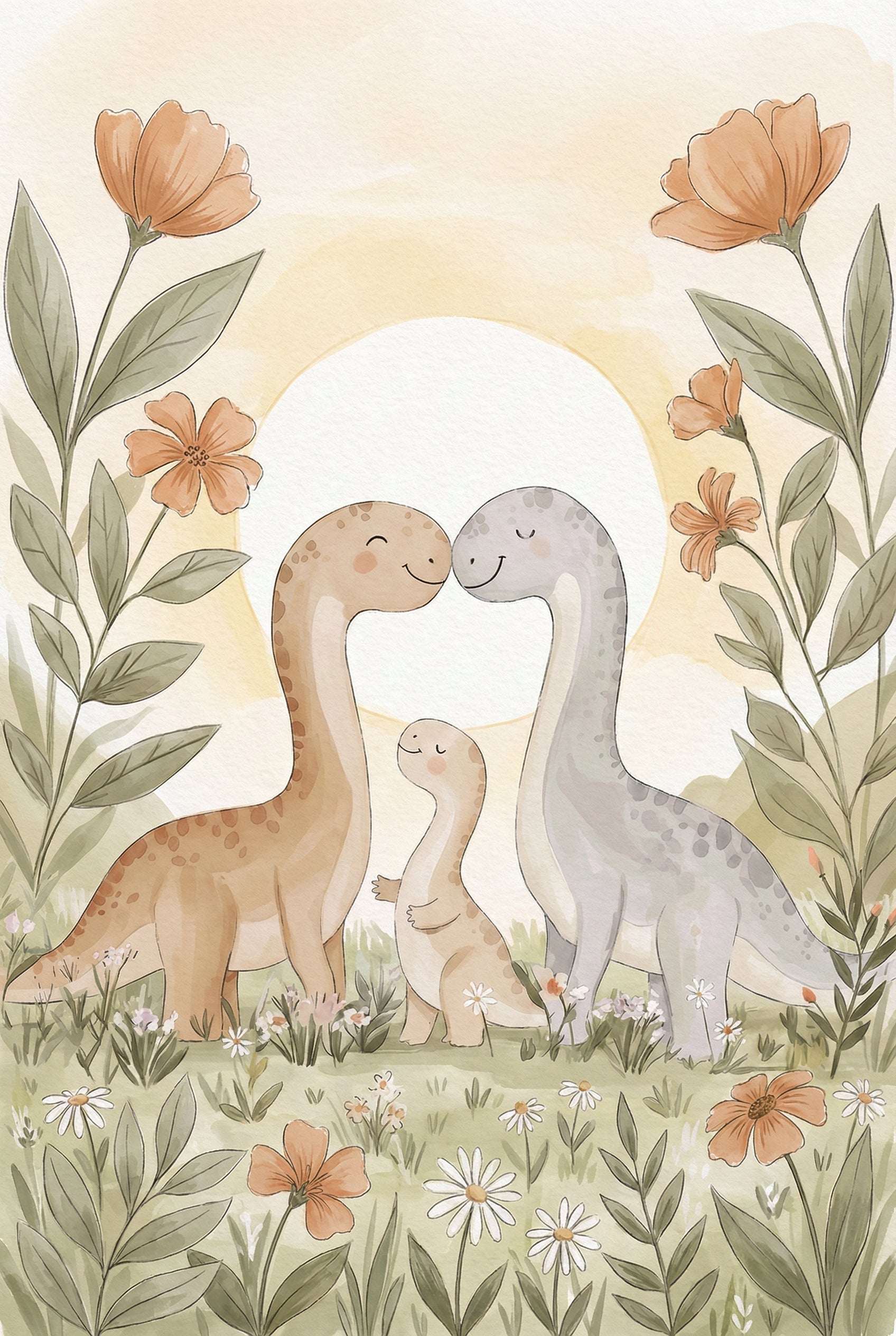 Dinosaur Family Watercolor Style Wall Art - Sweet Dinosaur Family