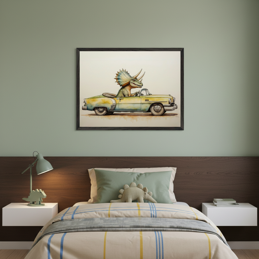 Kid's bedroom with a sage green wall and a wooden headboard. A framed watercolor-style illustration of a triceratops driving a vintage yellow convertible car hangs above the bed. The bed has striped bedding, a green pillow, and a plush dinosaur. Floating nightstands are on either side.