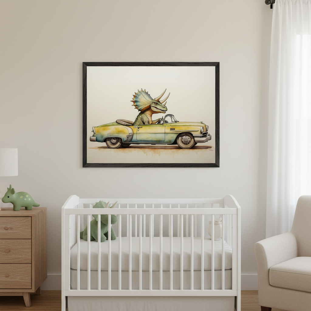 Modern nursery with a white crib, wooden dresser, and armchair. A large framed watercolor painting of a triceratops driving a vintage yellow and blue convertible car hangs centered above the crib, partially over the dresser.