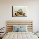 Modern bedroom with a natural wood slatted headboard bed. A framed print of a cartoon T-Rex riding a vintage motorcycle hangs centered above the bed.