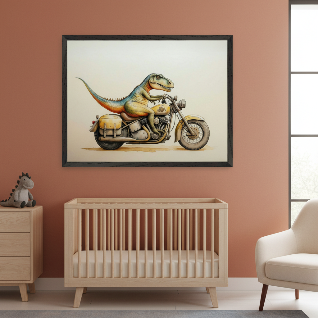 Modern nursery with a wooden crib and dresser against a terracotta wall. A large framed illustration of a colorful dinosaur riding a vintage motorcycle hangs centered above the crib. A cream armchair is on the right, and a stuffed dinosaur toy is on the dresser.