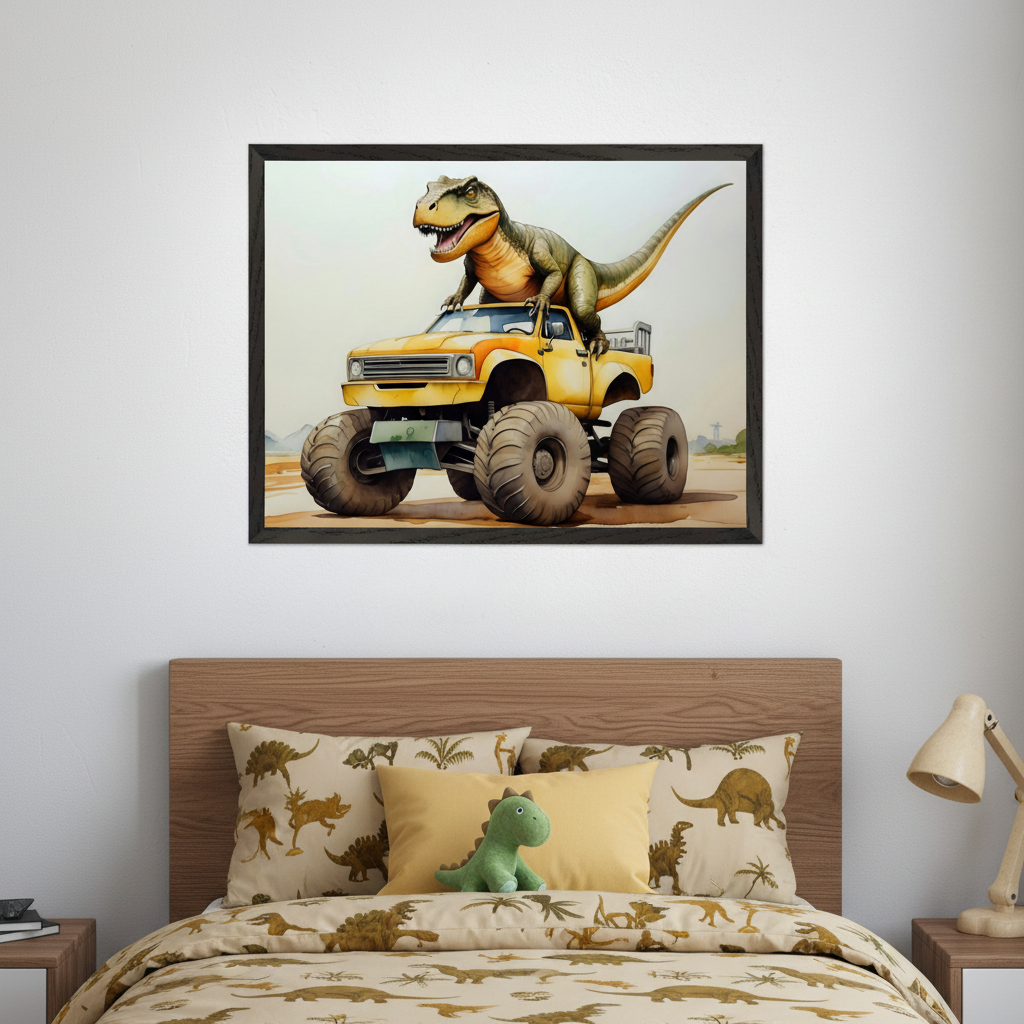 Kid's bedroom with a wooden bed and dinosaur-themed bedding. A large framed watercolor-style artwork of a green dinosaur riding a yellow monster truck hangs centered above the bed. A green dinosaur plush toy sits on a yellow pillow.
