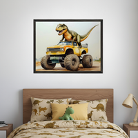 Kid's bedroom with a wooden bed and dinosaur-themed bedding. A large framed watercolor-style artwork of a green dinosaur riding a yellow monster truck hangs centered above the bed. A green dinosaur plush toy sits on a yellow pillow.