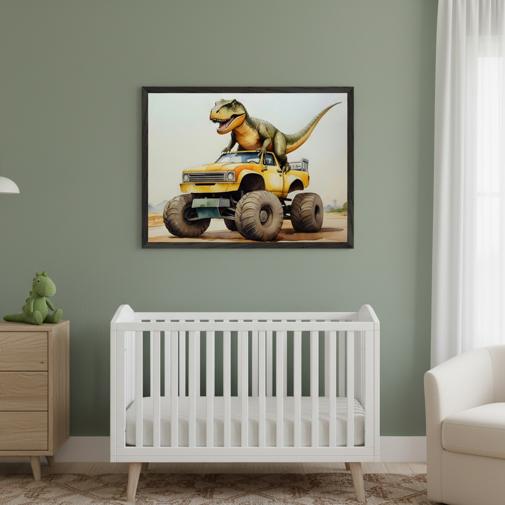 Modern nursery with a green wall. A large framed print of a green T-Rex standing on a yellow monster truck hangs above a white crib. A wooden dresser with a dinosaur plushie is to the left, and a white armchair is to the right.