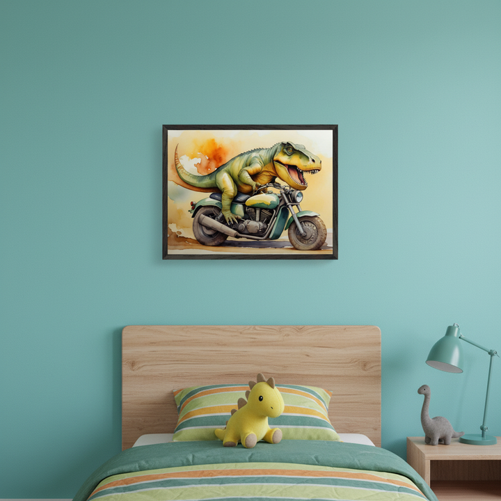 Kid's bedroom with a wooden headboard bed and striped bedding. A framed watercolor illustration of a green T-Rex riding a motorcycle hangs centered above the bed on a teal wall. A yellow dinosaur plush sits on the bed, and a grey dinosaur plush and a teal lamp are on a nightstand.