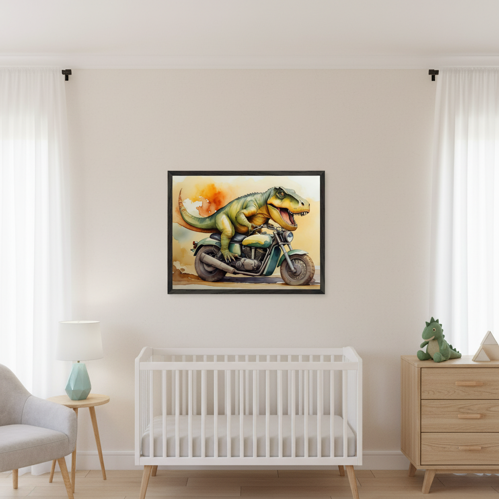 Modern nursery with a white crib, light wood dresser, and grey armchair. A framed watercolor painting of a green T-Rex riding a motorcycle hangs centered on the wall above the crib.