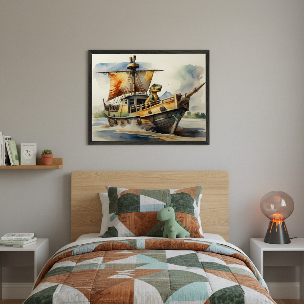 Kid's bedroom with a wooden bed and geometric patterned bedding. A framed watercolor painting of a dinosaur on a sailing ship hangs centered above the bed.