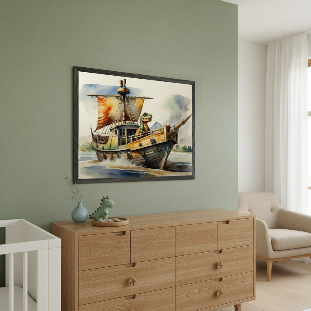 Modern nursery with a light green wall. A dark-framed watercolor print of a dinosaur on a pirate ship hangs above a wooden dresser. A white crib is visible left, and a beige armchair right.