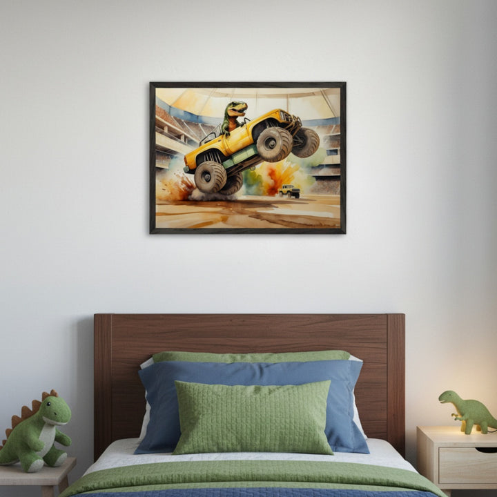 Kid's bedroom with a wooden bed and blue and green bedding. A framed watercolor painting hangs above the bed, showing a T-Rex driving a yellow monster truck mid-jump over another vehicle with explosions. Dinosaur plush toys are on side tables.