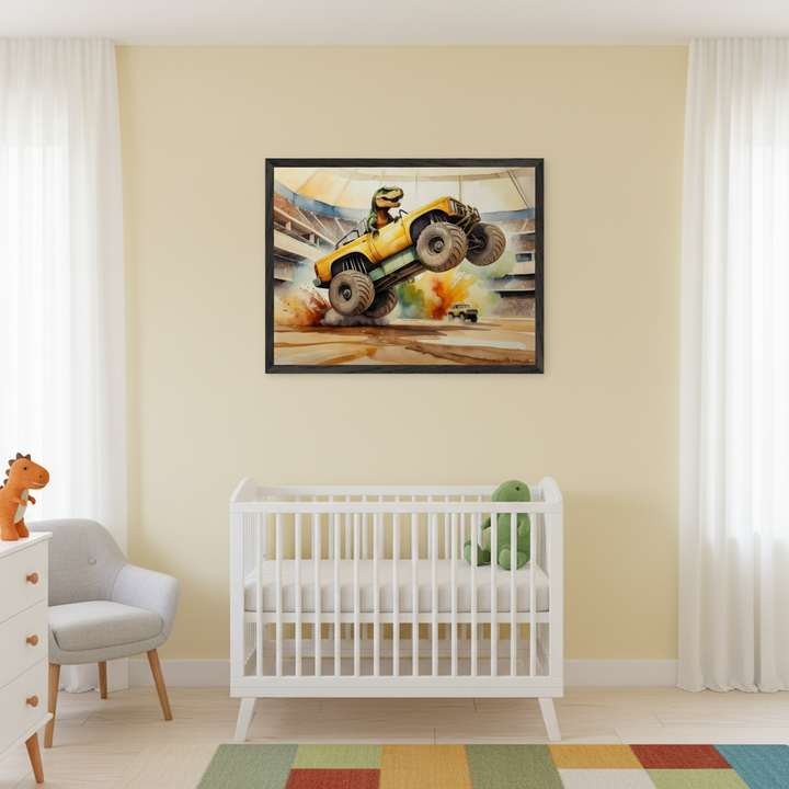 Modern nursery with a white crib and dresser. A framed watercolor of a yellow monster truck with a dinosaur driving, jumping in a stadium, hangs centered above the crib. A gray armchair is next to the dresser.