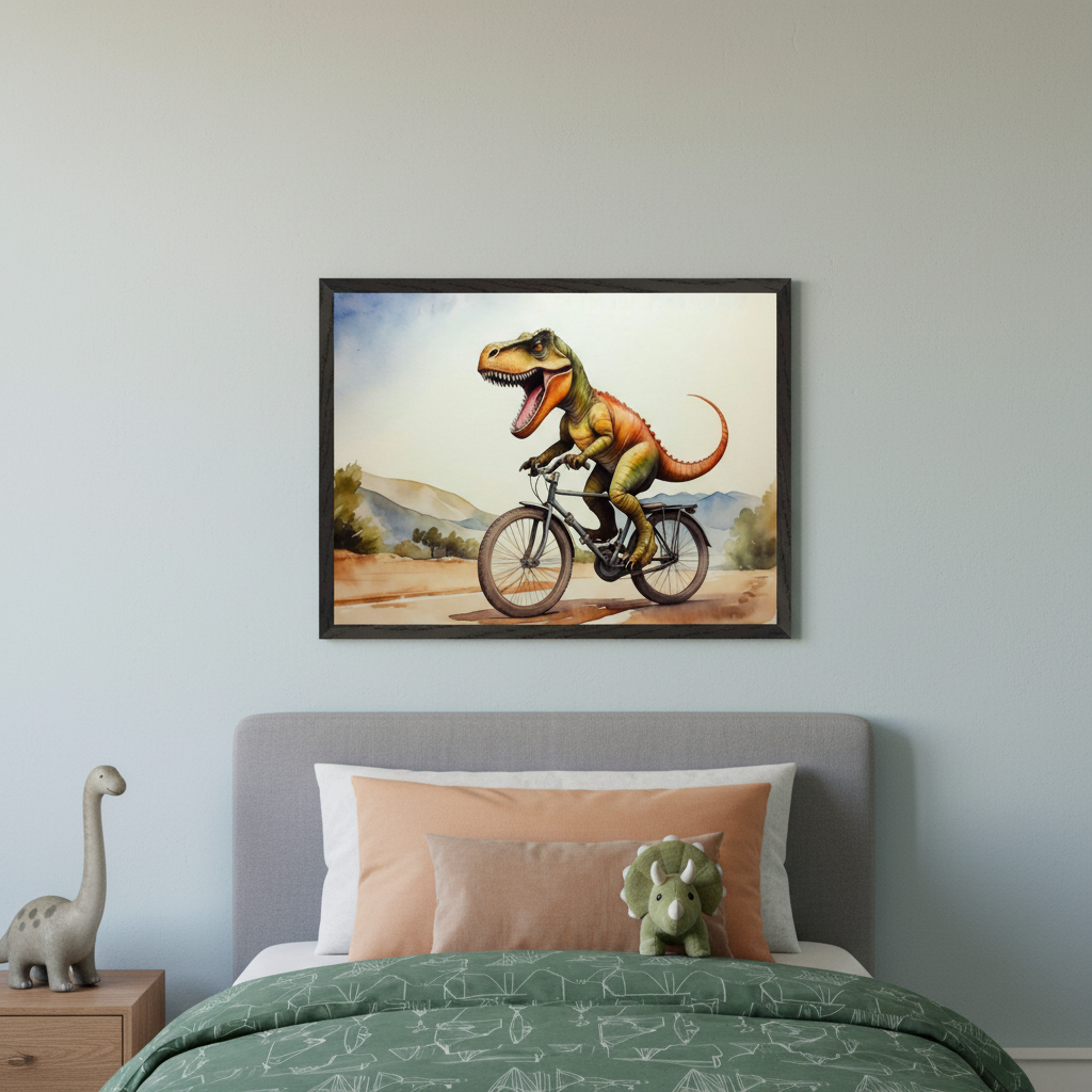 Kid's bedroom with a gray bed and green duvet. A framed watercolor-style artwork of a cartoony T-Rex riding a bicycle hangs centered above the bed. A dinosaur figurine is on the nightstand and a plush toy is on the bed.