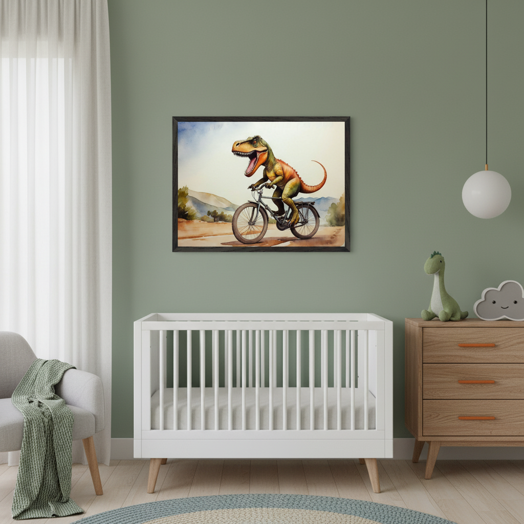 Modern nursery with a white crib, wooden dresser, and gray armchair. A framed watercolor painting of a T-Rex riding a bicycle hangs centered above the crib.