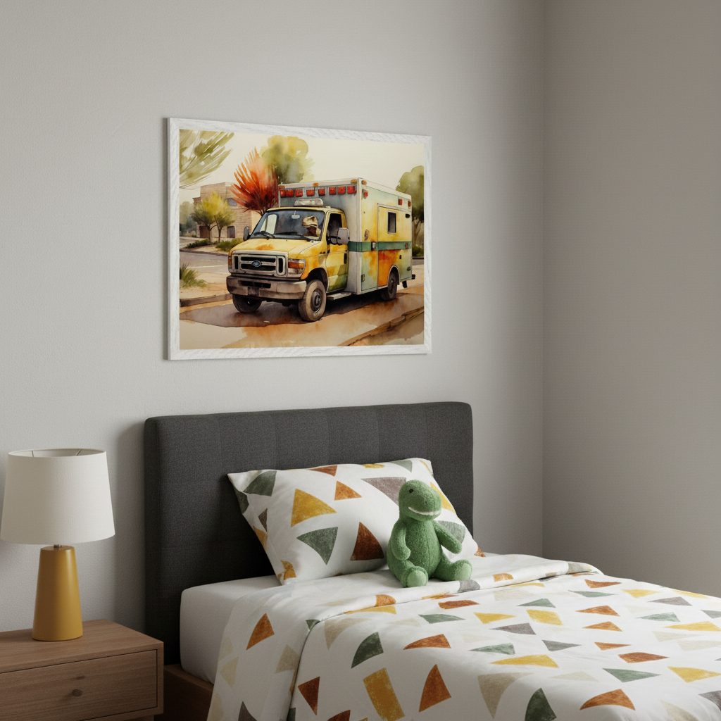Kid's bedroom with a bed, gray headboard, and patterned bedding with a green dinosaur toy. A wooden nightstand with a lamp is to the left. Above the bed, a framed watercolor painting of a yellow ambulance is mounted on the wall.