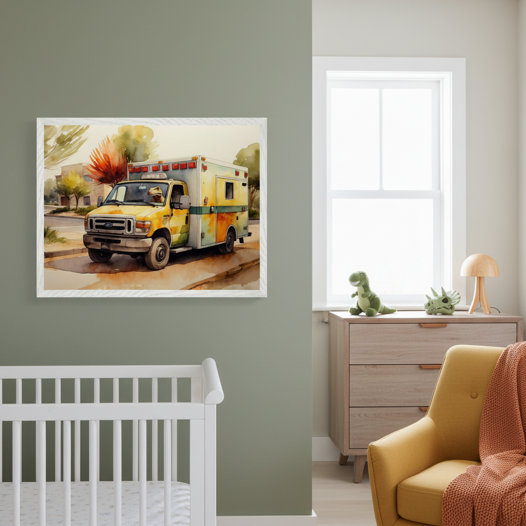 Modern nursery with a white crib and light wood dresser. A framed watercolor of a yellow ambulance on a street hangs on the sage green wall above the crib. A yellow armchair is also visible.