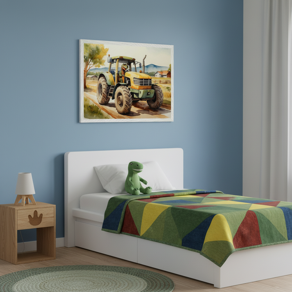 Kid's bedroom with a blue wall. A framed watercolor of a yellow and green tractor on a dirt road, with trees and farmhouses, hangs above a white bed. The bed has a green geometric blanket and a dinosaur plush. A wooden nightstand with a lamp is to the left.