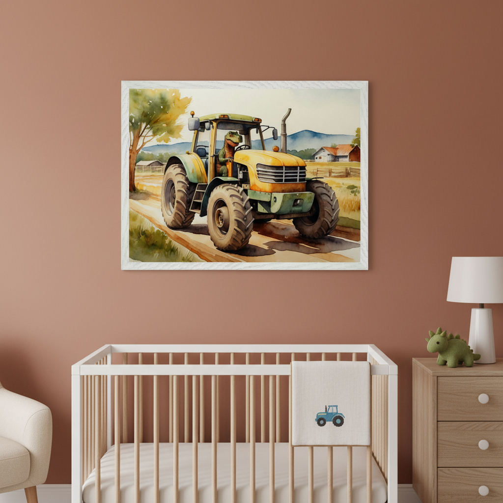 Modern nursery with a white wooden crib and light wood dresser. A large framed watercolor of a green dinosaur driving a yellow tractor on a dirt road, with a farm in the background, hangs centered above the crib.