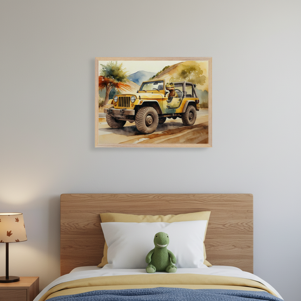 Kid's bedroom with a wooden headboard bed, yellow and blue bedding, and a green dinosaur toy. Above the bed hangs a framed watercolor print of a yellow Jeep with a dinosaur driving it on a dirt road with mountains and palm trees in the background.