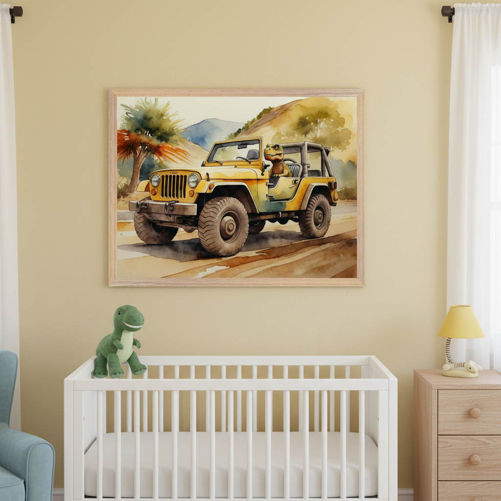 Modern nursery with yellow walls, a white crib, a blue armchair, and a wooden dresser. A large framed watercolor painting of a dinosaur driving a yellow jeep on a dirt road hangs above the crib. A green dinosaur toy sits on the crib.