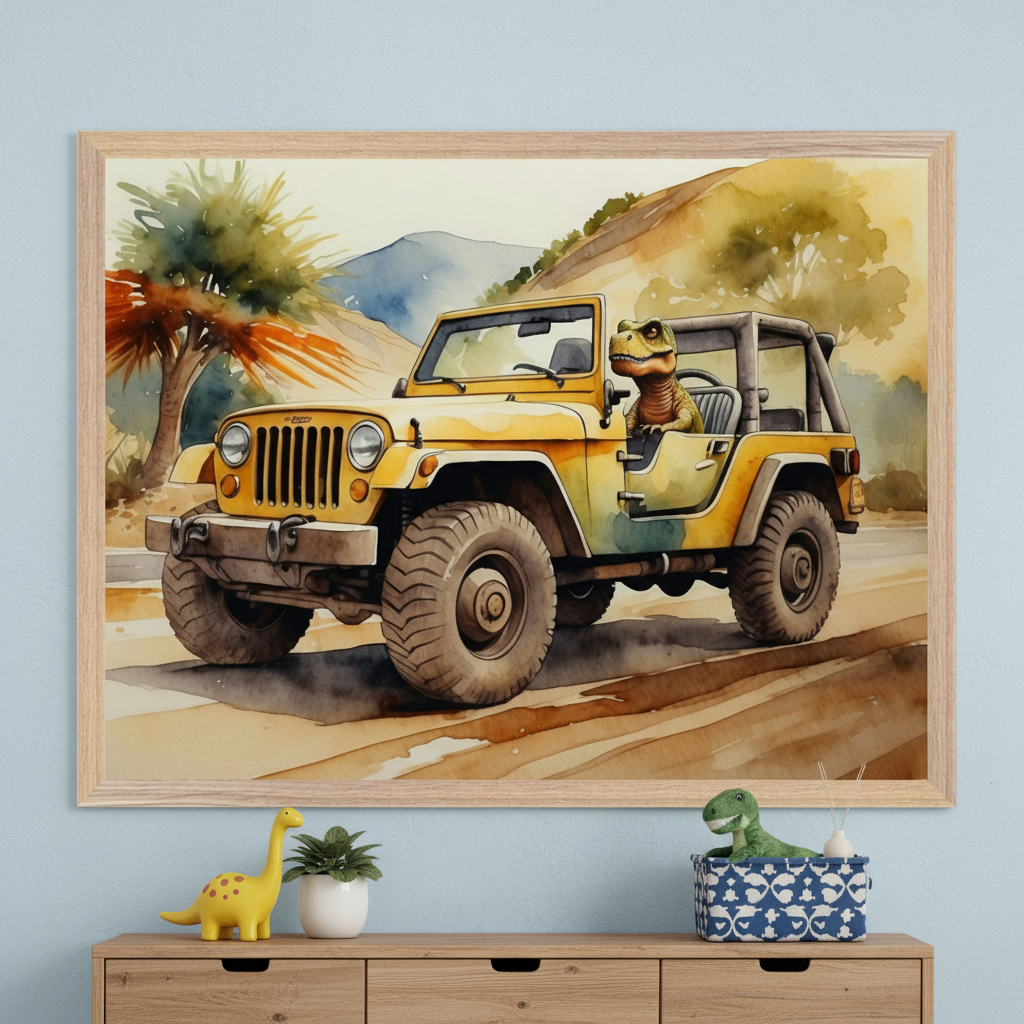 Kid's bedroom with a light blue wall and a wooden dresser. A framed watercolor painting of a yellow jeep driven by a dinosaur on a road with trees and hills is centered above the dresser. Dinosaur toys and a plant are on the dresser.